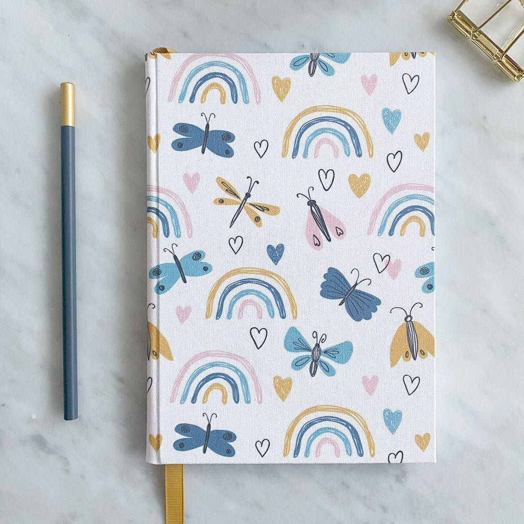 Handmade A5 Notebook - Rainbows & Butterflies Bookcloth