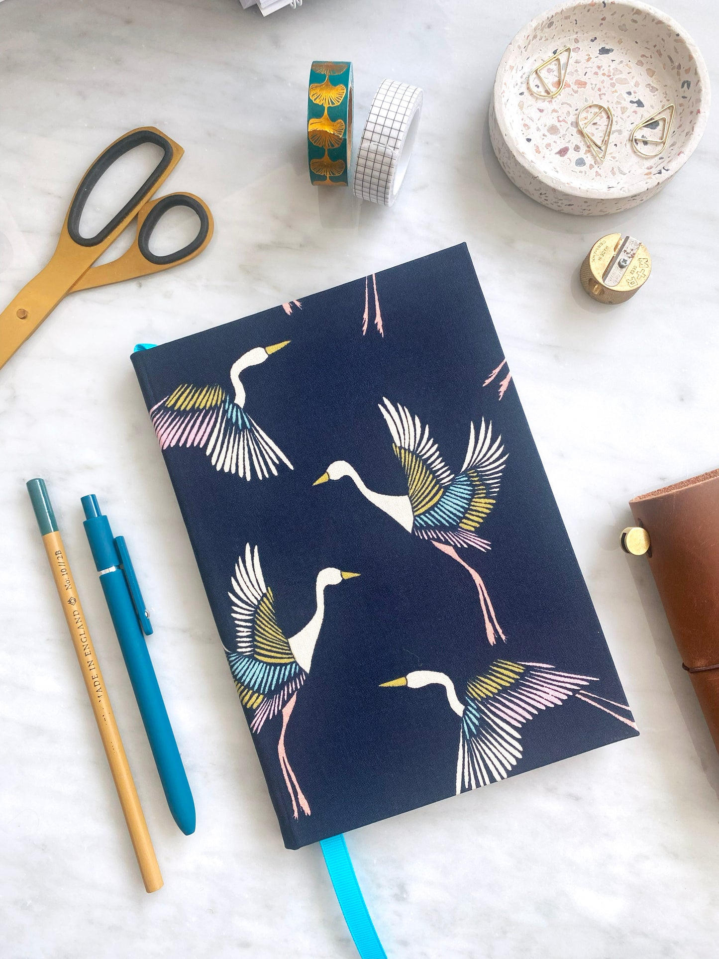 Handmade Patterned Notebook - Crane Bird & Navy