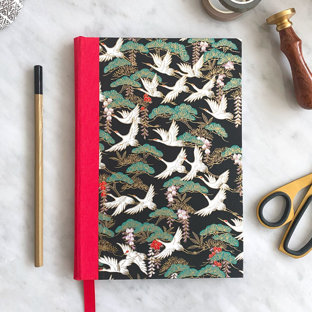 A5 Notebook with Japanese Paper of a Crane Design - Red Cloth